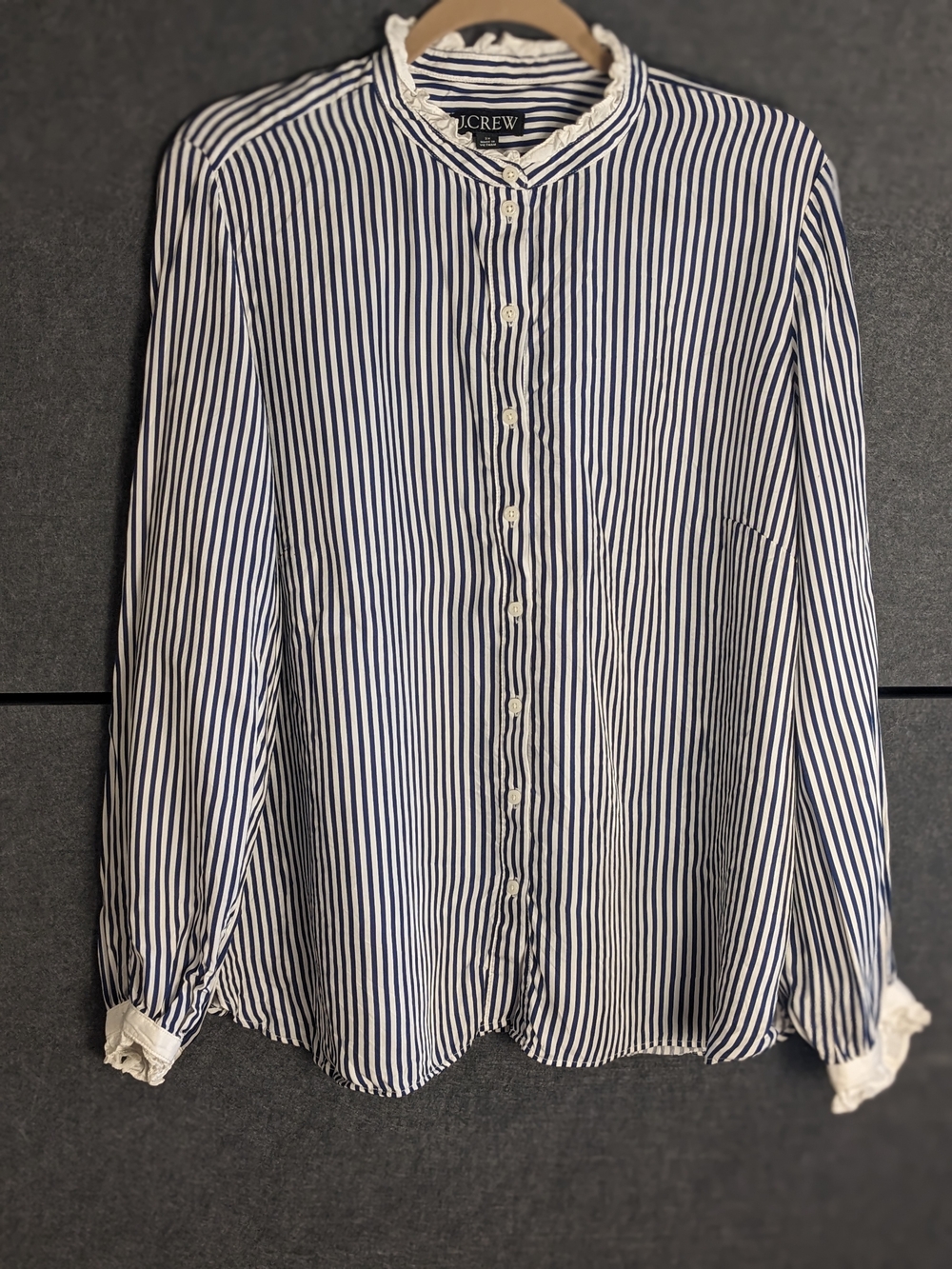 J. Crew Navy and White Striped Ruffle-Neck Button Shirt